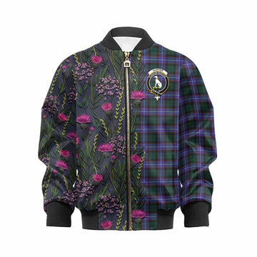 Hunter (Hunterston) Family Crest Tartan Kid Bomber Jacket Scottish Thistle Flower Pattern Half Style