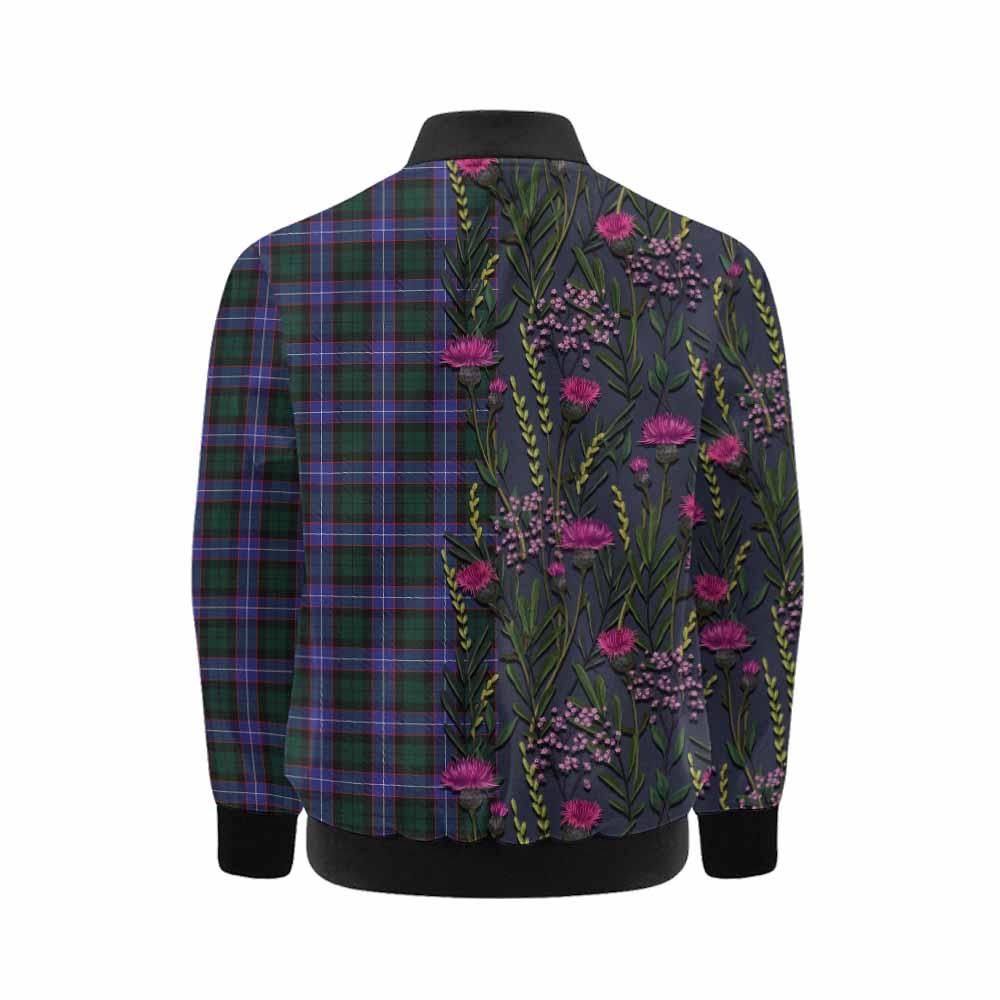 Hunter (Hunterston) Family Crest Tartan Kid Bomber Jacket Scottish Thistle Flower Pattern Half Style - Tartan Vibes Clothing