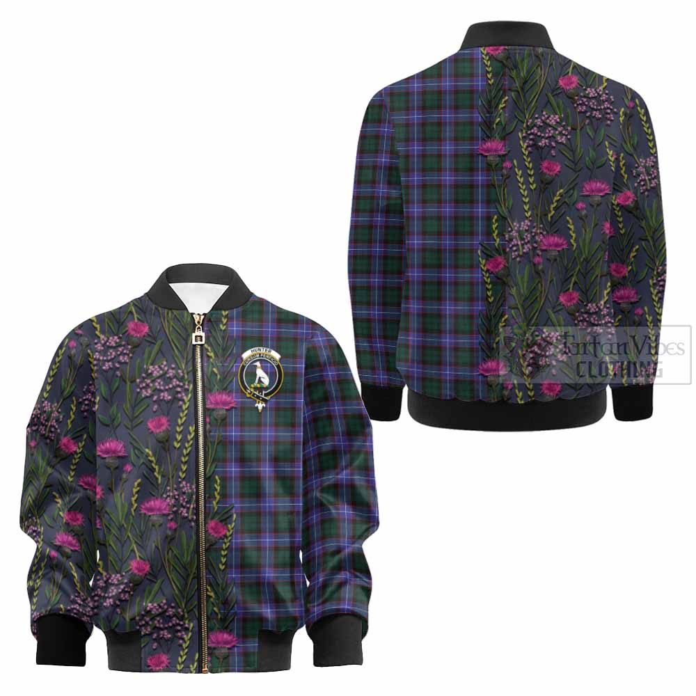 Hunter (Hunterston) Family Crest Tartan Kid Bomber Jacket Scottish Thistle Flower Pattern Half Style - Tartan Vibes Clothing