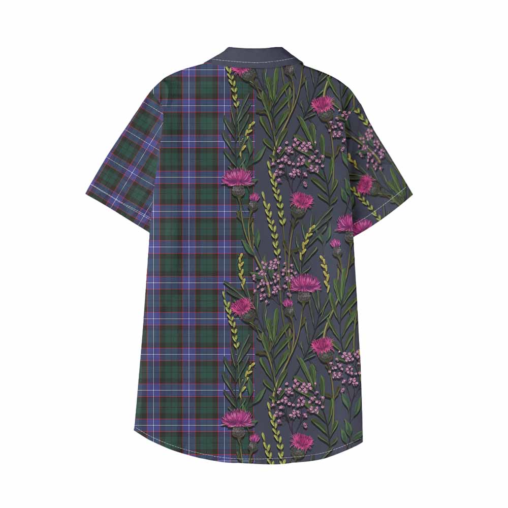 Hunter (Hunterston) Family Crest Tartan Kid Hawaiian Shirt Scottish Thistle Flower Pattern Half Style - Tartan Vibes Clothing