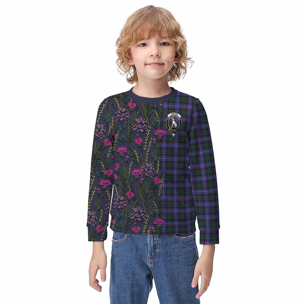 Hunter (Hunterston) Family Crest Tartan Kid Knitted Sweatshirt Scottish Thistle Flower Pattern Half Style - Tartan Vibes Clothing