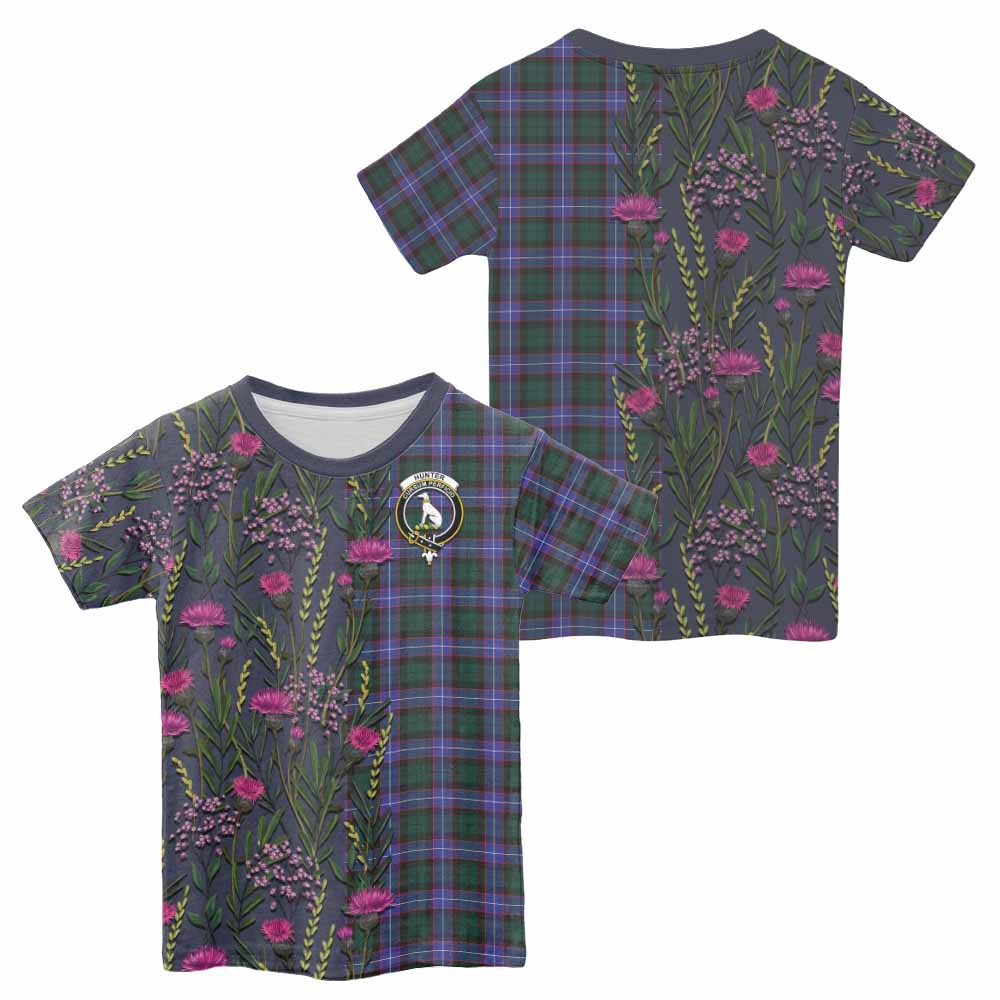 Hunter (Hunterston) Family Crest Tartan Kid T-shirt Scottish Thistle Flower Pattern Half Style - Tartan Vibes Clothing