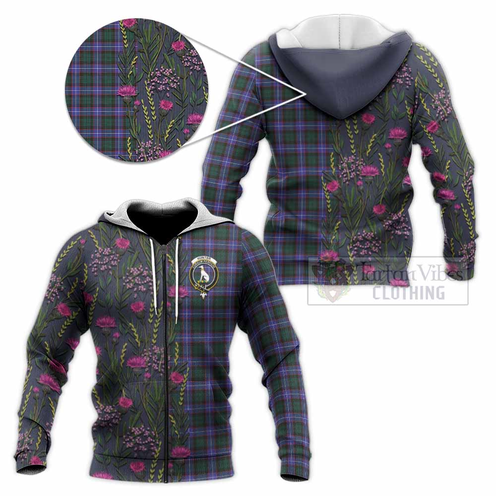 Hunter (Hunterston) Family Crest Tartan Knitted Hoodie Scottish Thistle Flower Pattern Half Style - Tartan Vibes Clothing