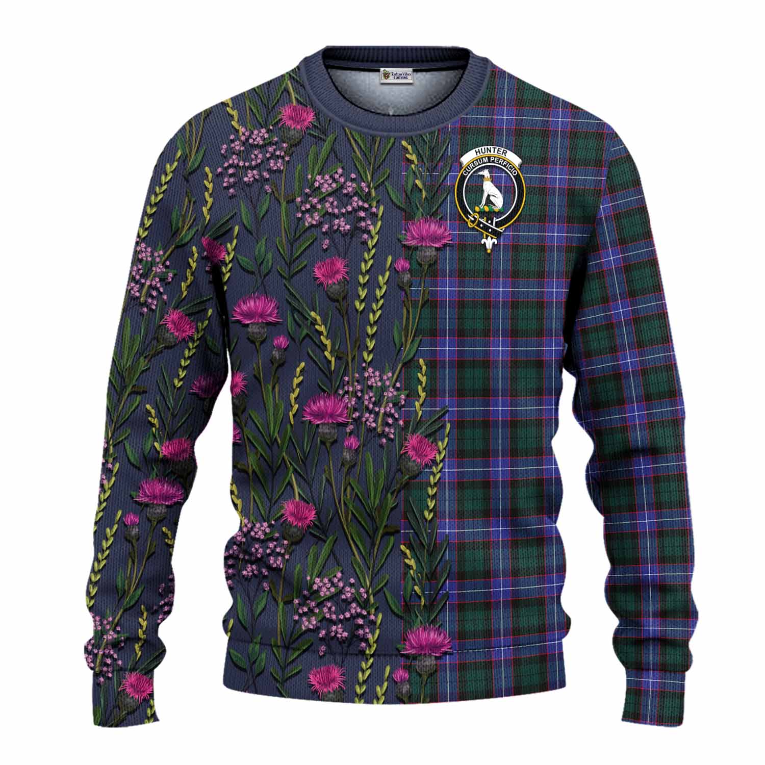 Hunter (Hunterston) Family Crest Tartan Knitted Sweater Scottish Thistle Flower Pattern Half Style - Tartan Vibes Clothing