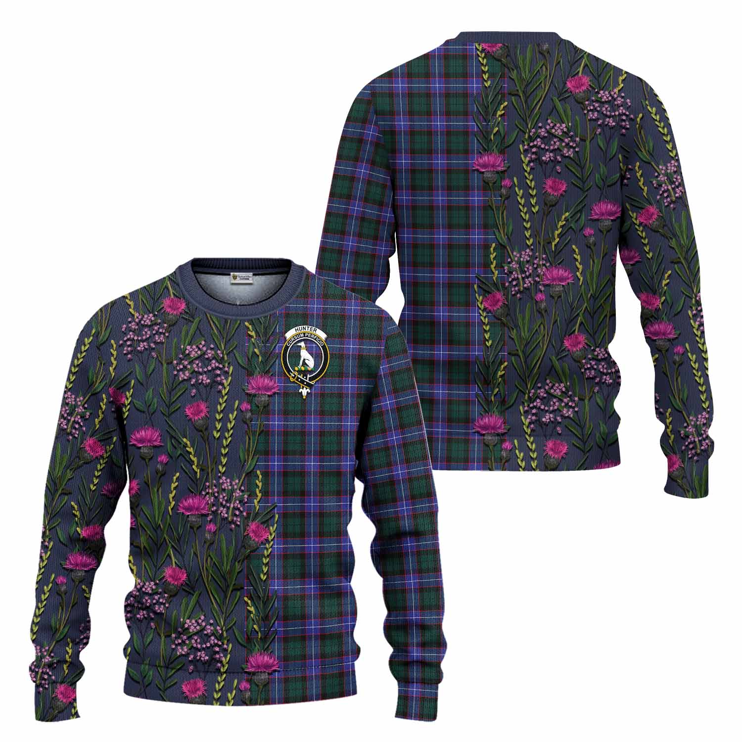Hunter (Hunterston) Family Crest Tartan Knitted Sweater Scottish Thistle Flower Pattern Half Style - Tartan Vibes Clothing