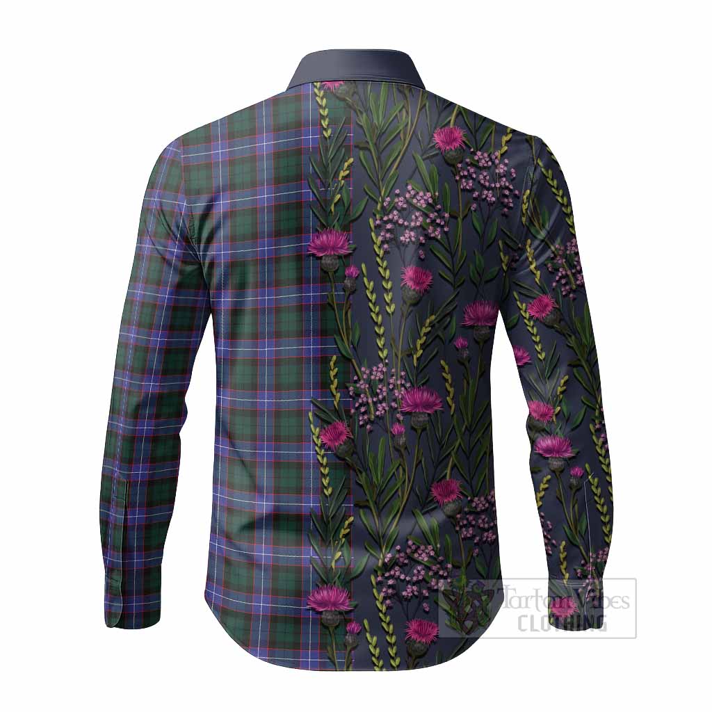 Hunter (Hunterston) Family Crest Tartan Long Sleeve Button Shirts Scottish Thistle Flower Pattern Half Style - Tartan Vibes Clothing