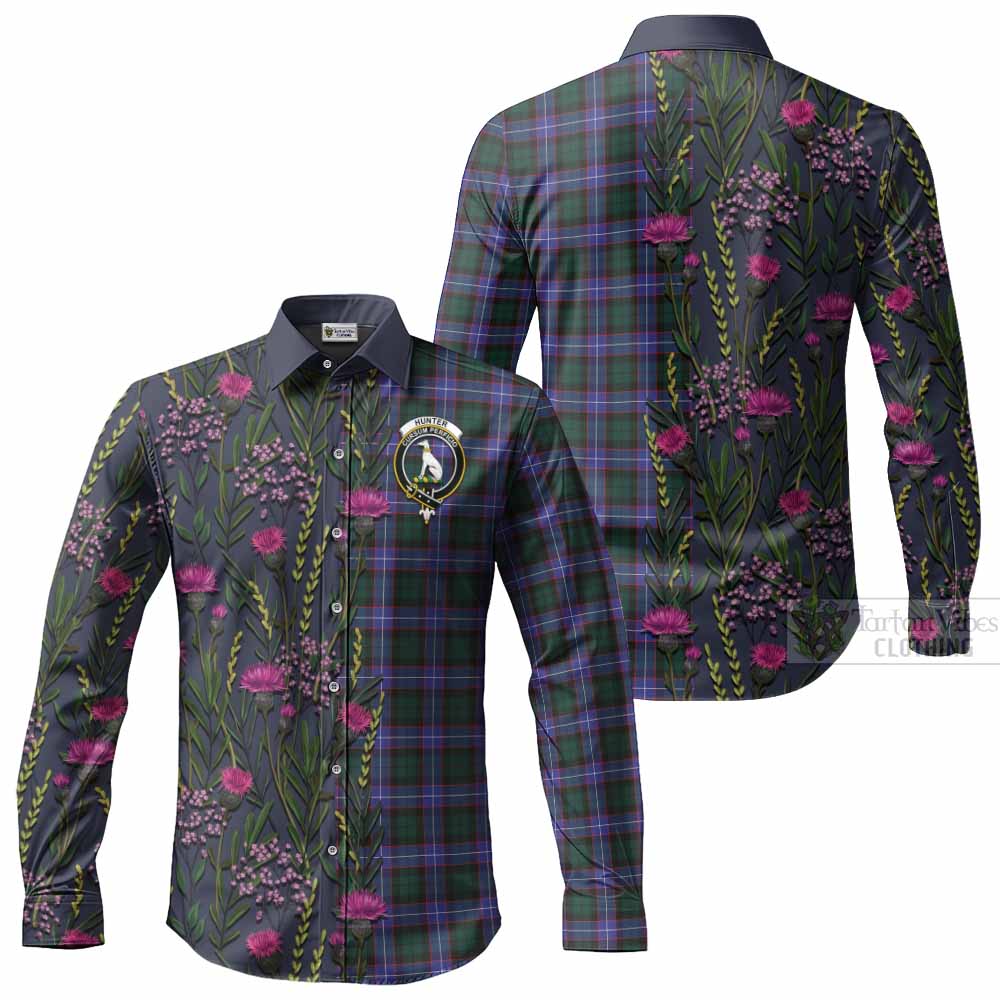 Hunter (Hunterston) Family Crest Tartan Long Sleeve Button Shirts Scottish Thistle Flower Pattern Half Style - Tartan Vibes Clothing