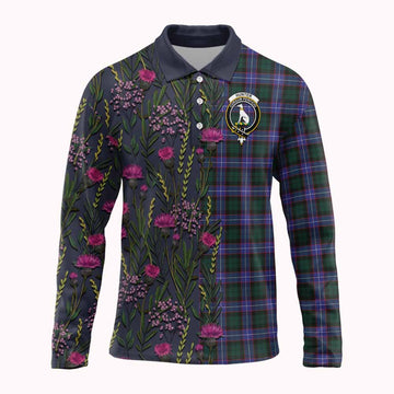 Hunter (Hunterston) Family Crest Tartan Long Sleeve Polo Shirt Scottish Thistle Flower Pattern Half Style - Tartan Vibes Clothing