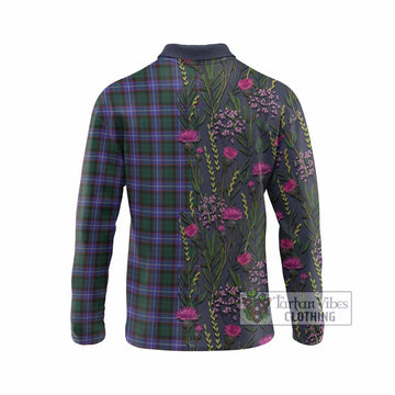 Hunter (Hunterston) Family Crest Tartan Long Sleeve Polo Shirt Scottish Thistle Flower Pattern Half Style - Tartan Vibes Clothing