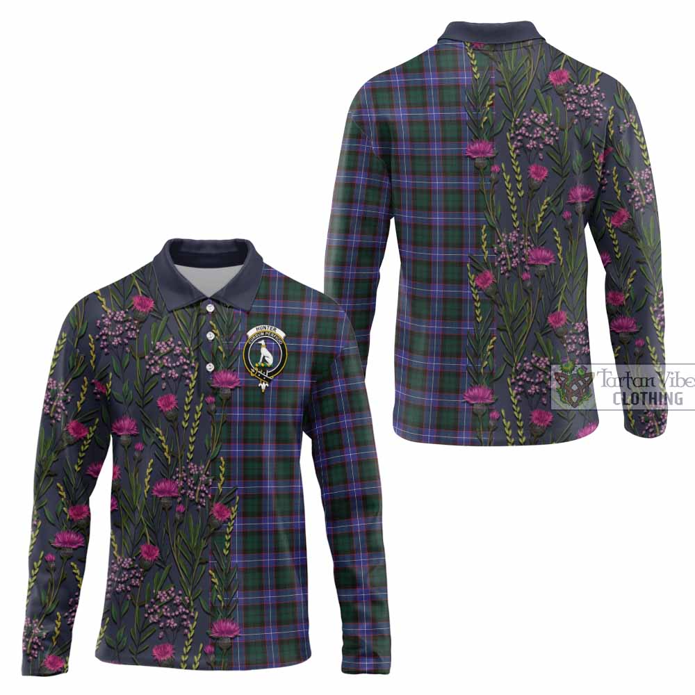 Hunter (Hunterston) Family Crest Tartan Long Sleeve Polo Shirt Scottish Thistle Flower Pattern Half Style - Tartan Vibes Clothing