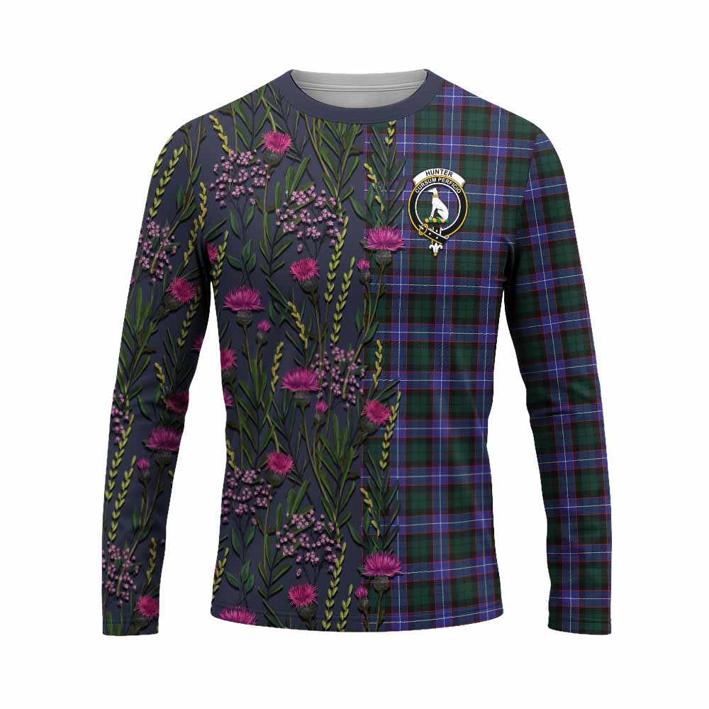 Hunter (Hunterston) Family Crest Tartan Long Sleeve T-Shirt Scottish Thistle Flower Pattern Half Style - Tartan Vibes Clothing