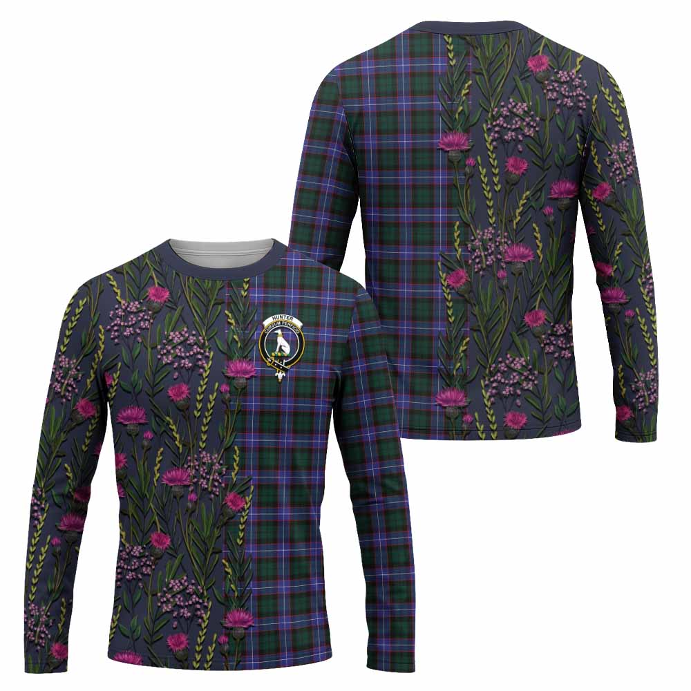 Hunter (Hunterston) Family Crest Tartan Long Sleeve T-Shirt Scottish Thistle Flower Pattern Half Style - Tartan Vibes Clothing