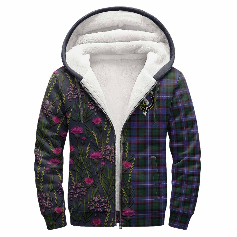 Hunter (Hunterston) Family Crest Tartan Sherpa Hoodie Scottish Thistle Flower Pattern Half Style - Tartan Vibes Clothing