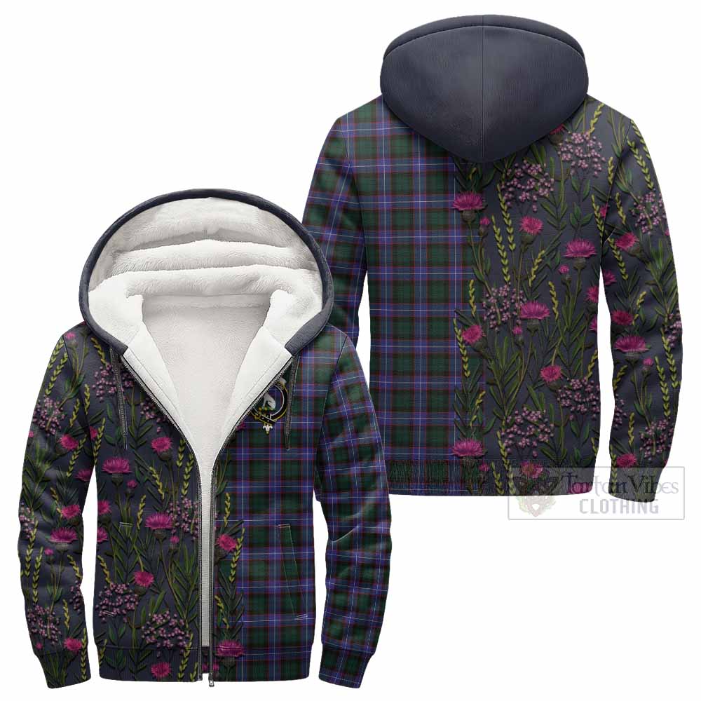 Hunter (Hunterston) Family Crest Tartan Sherpa Hoodie Scottish Thistle Flower Pattern Half Style - Tartan Vibes Clothing