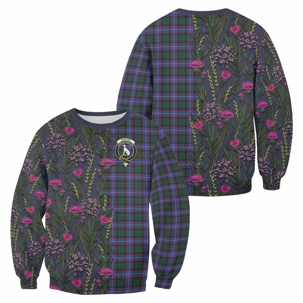 Hunter (Hunterston) Family Crest Tartan Sweatshirt Scottish Thistle Flower Pattern Half Style - Tartan Vibes Clothing