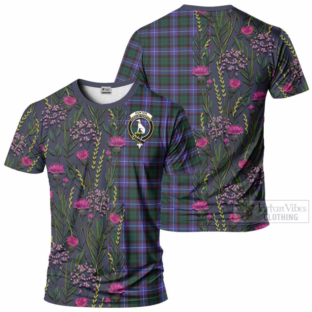 Hunter (Hunterston) Family Crest Tartan T-Shirt Scottish Thistle Flower Pattern Half Style - Tartan Vibes Clothing
