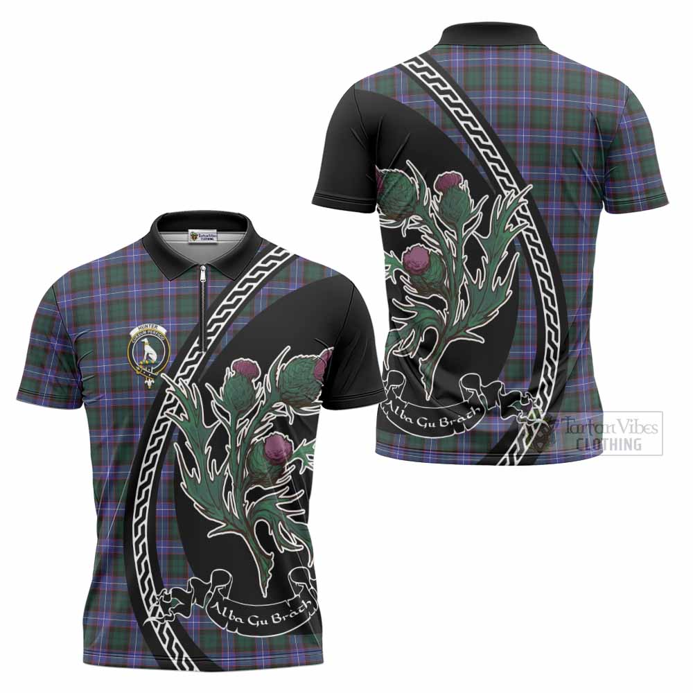 Hunter (Hunterston) Family Crest Tartan Zipper Polo Shirt Alba Thistle Inspired - Tartan Vibes Clothing