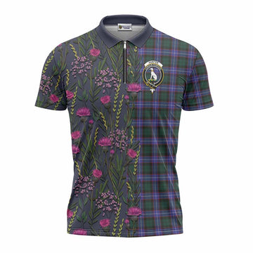Hunter (Hunterston) Family Crest Tartan Zipper Polo Shirt Scottish Thistle Flower Pattern Half Style
