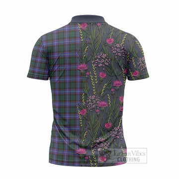 Hunter (Hunterston) Family Crest Tartan Zipper Polo Shirt Scottish Thistle Flower Pattern Half Style