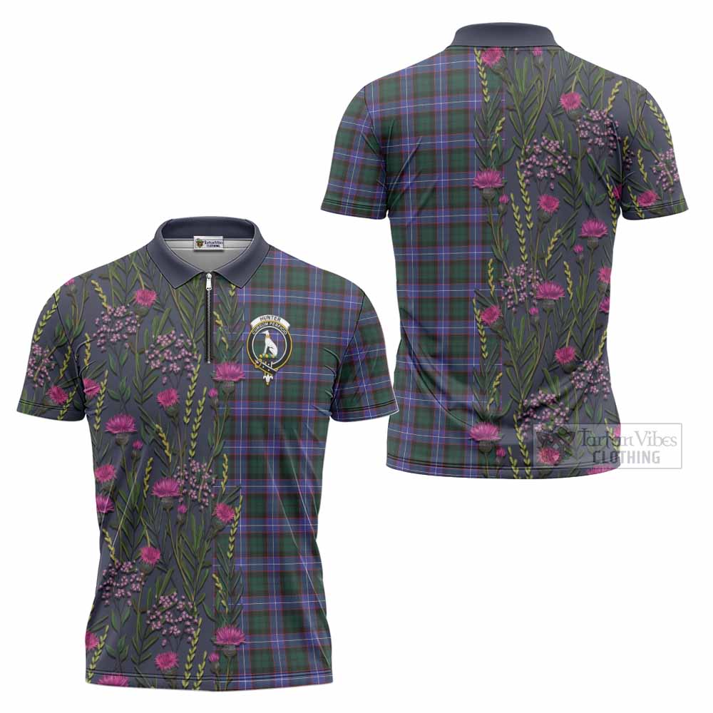 Hunter (Hunterston) Family Crest Tartan Zipper Polo Shirt Scottish Thistle Flower Pattern Half Style - Tartan Vibes Clothing