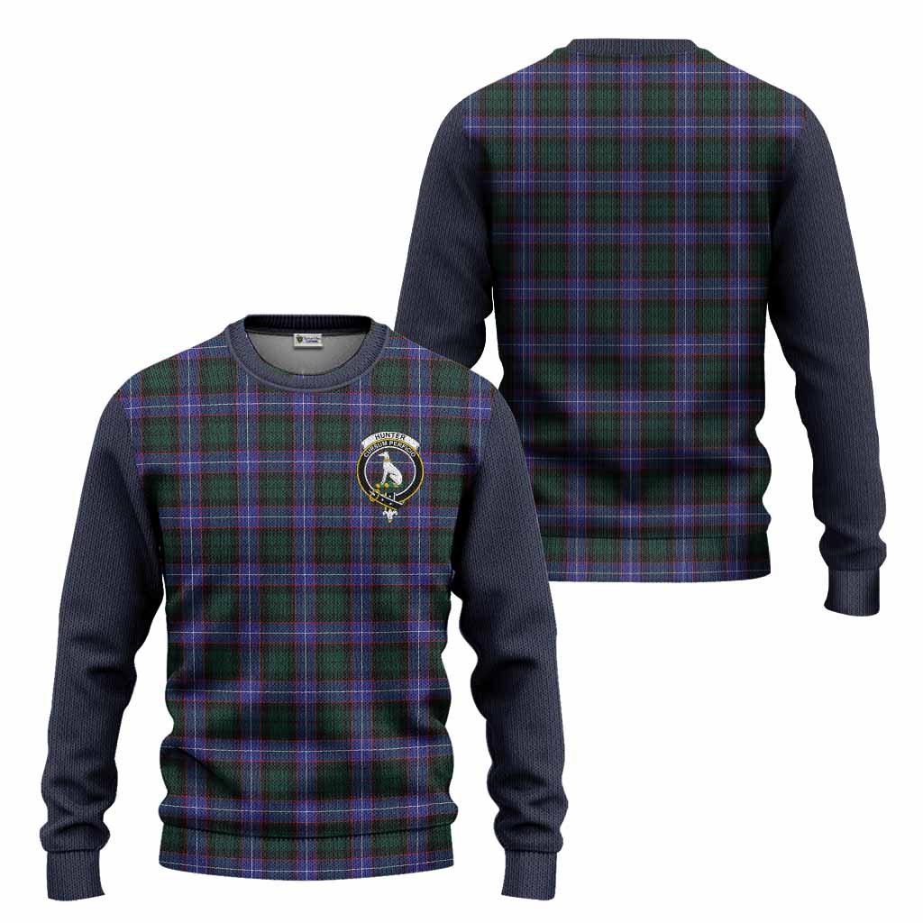 Hunter (Hunterston) Tartan Accent Knitted Sweater with Family Crest