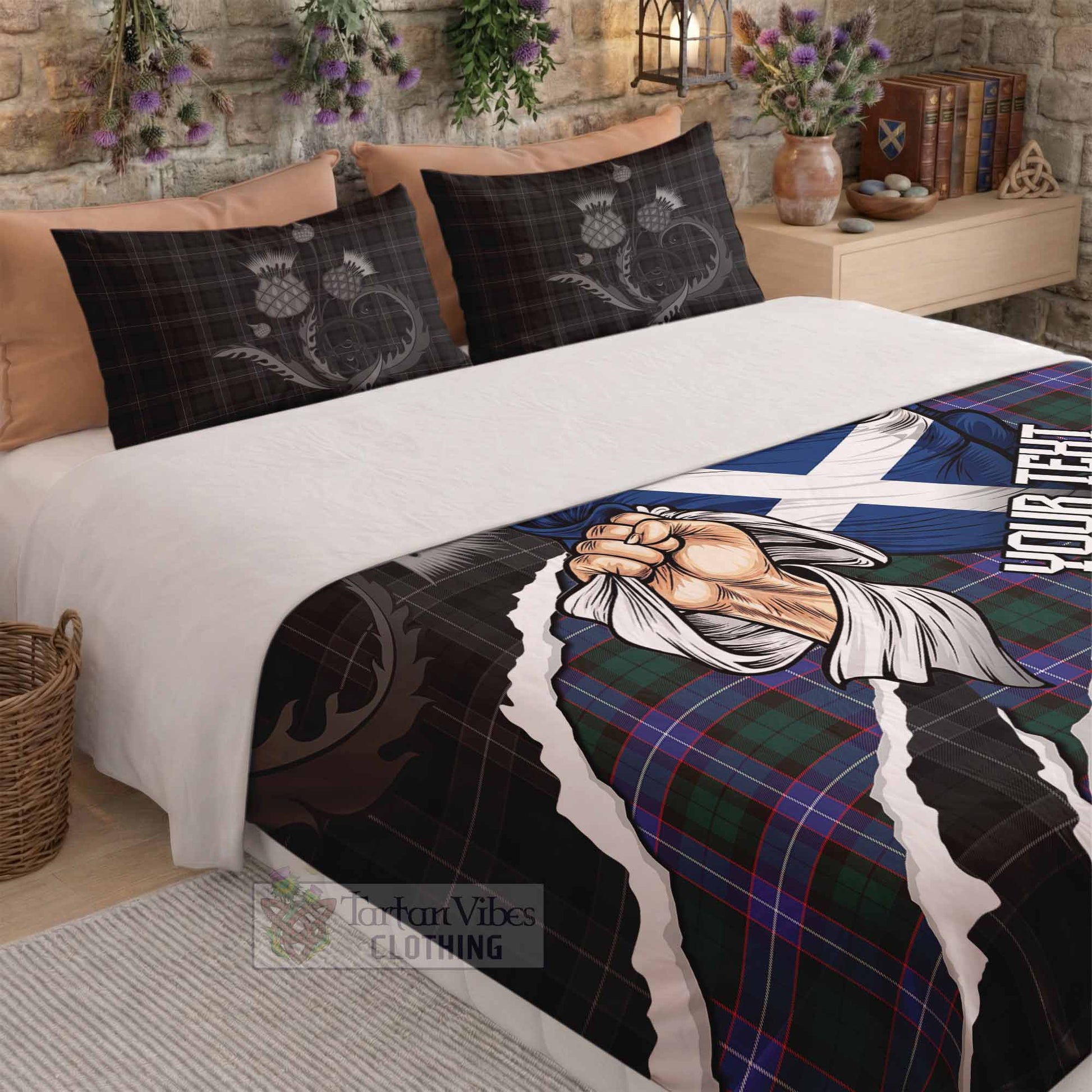 Hunter (Hunterston) Tartan Bedding Set Hands with Scotland National Flags