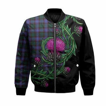 Hunter (Hunterston) Tartan Bomber Jacket Resilient Scottish Thistle Unisex Black - Tartan Vibes Clothing