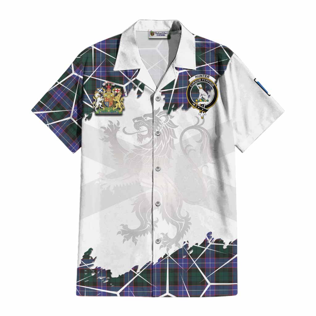 Hunter (Hunterston) Tartan Cotton Hawaiian Shirt with Family Crest and Lion Rampant Grunge Style