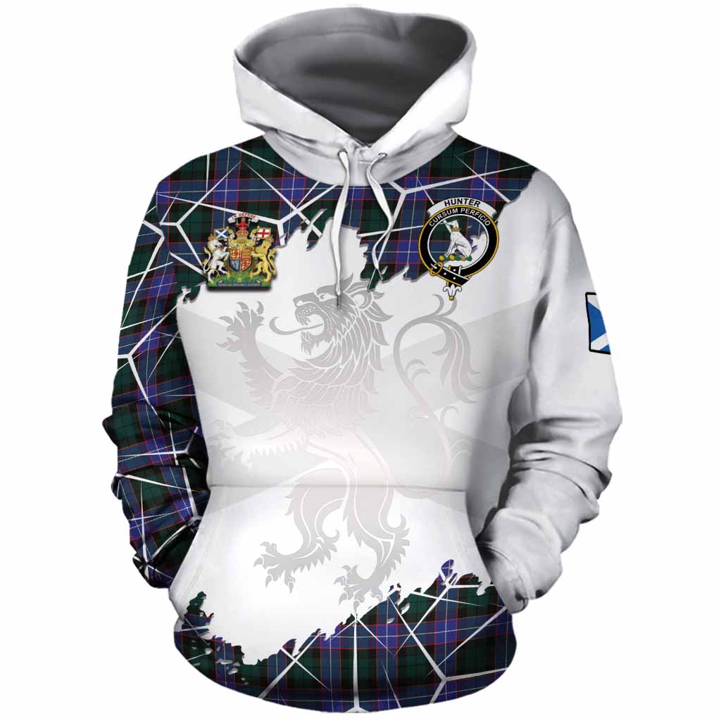 Hunter (Hunterston) Tartan Cotton Hoodie with Family Crest and Lion Rampant Grunge Style