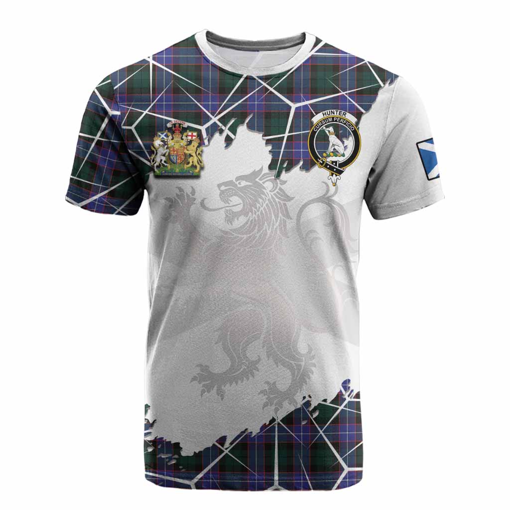 Hunter (Hunterston) Tartan Cotton T-shirt with Family Crest and Lion Rampant Grunge Style