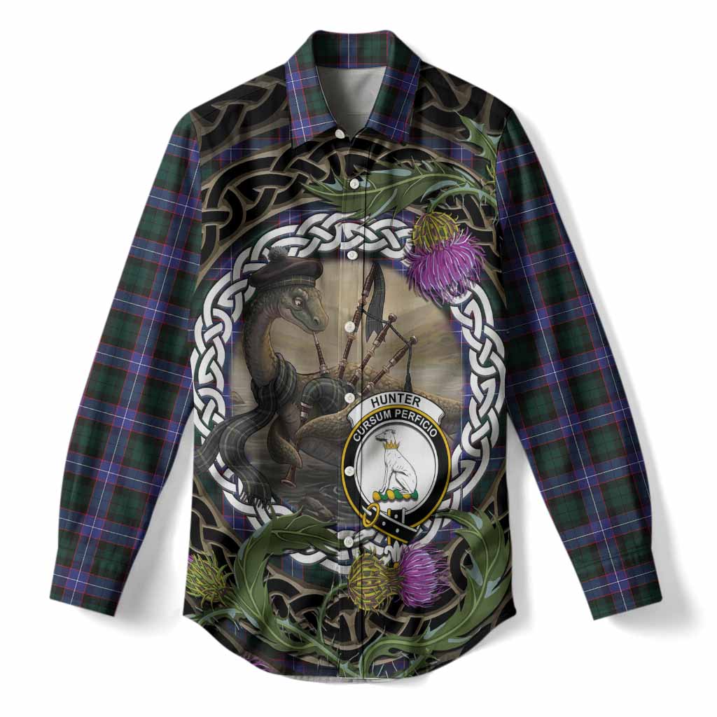 Hunter (Hunterston) Tartan Crest Bagpipe Nessie Women Casual Shirt Scottish Loch Ness Monster Celtic Thistle