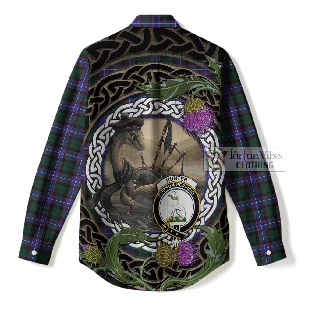 Hunter (Hunterston) Tartan Crest Bagpipe Nessie Women Casual Shirt Scottish Loch Ness Monster Celtic Thistle