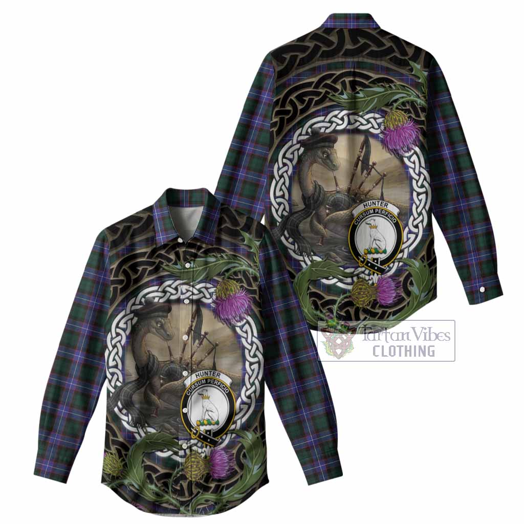 Hunter (Hunterston) Tartan Crest Bagpipe Nessie Women Casual Shirt Scottish Loch Ness Monster Celtic Thistle