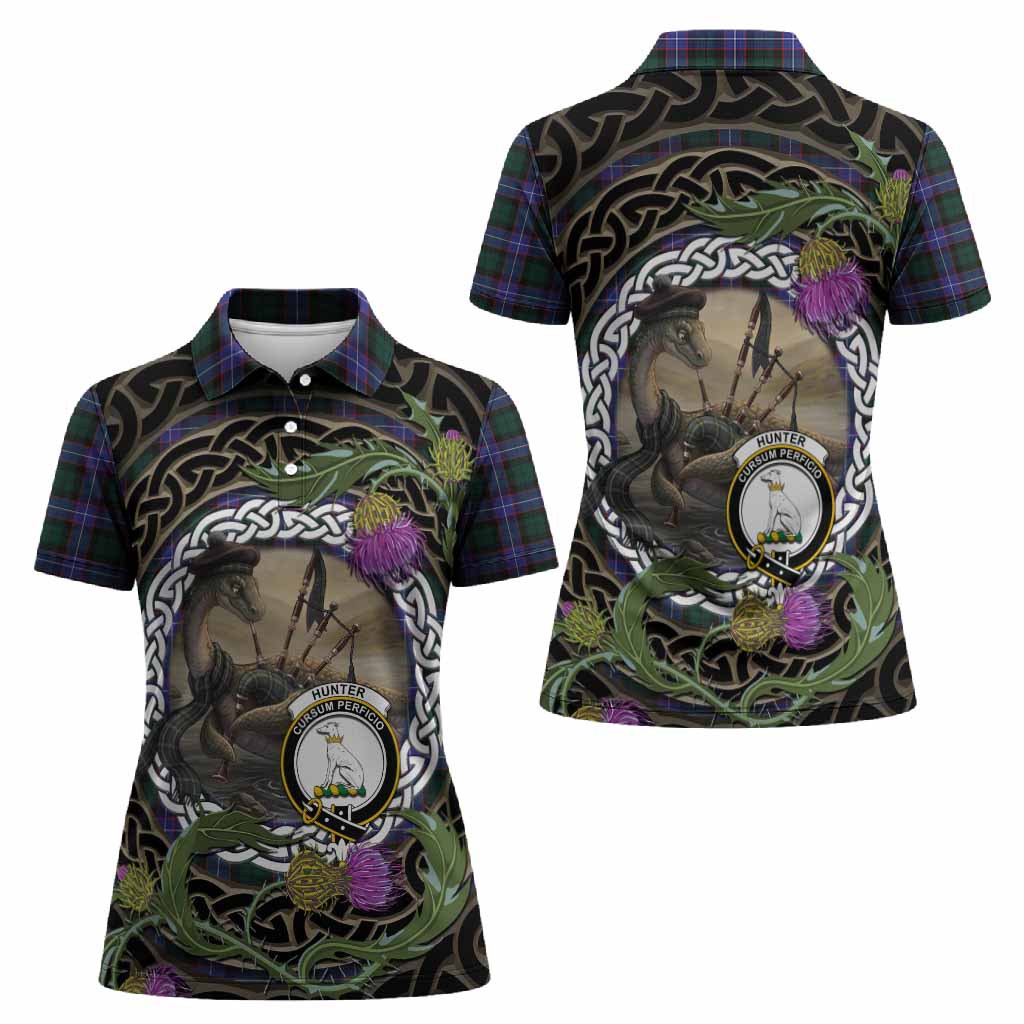 Hunter (Hunterston) Tartan Crest Bagpipe Nessie Women Polo Shirt Scottish Loch Ness Monster Celtic Thistle