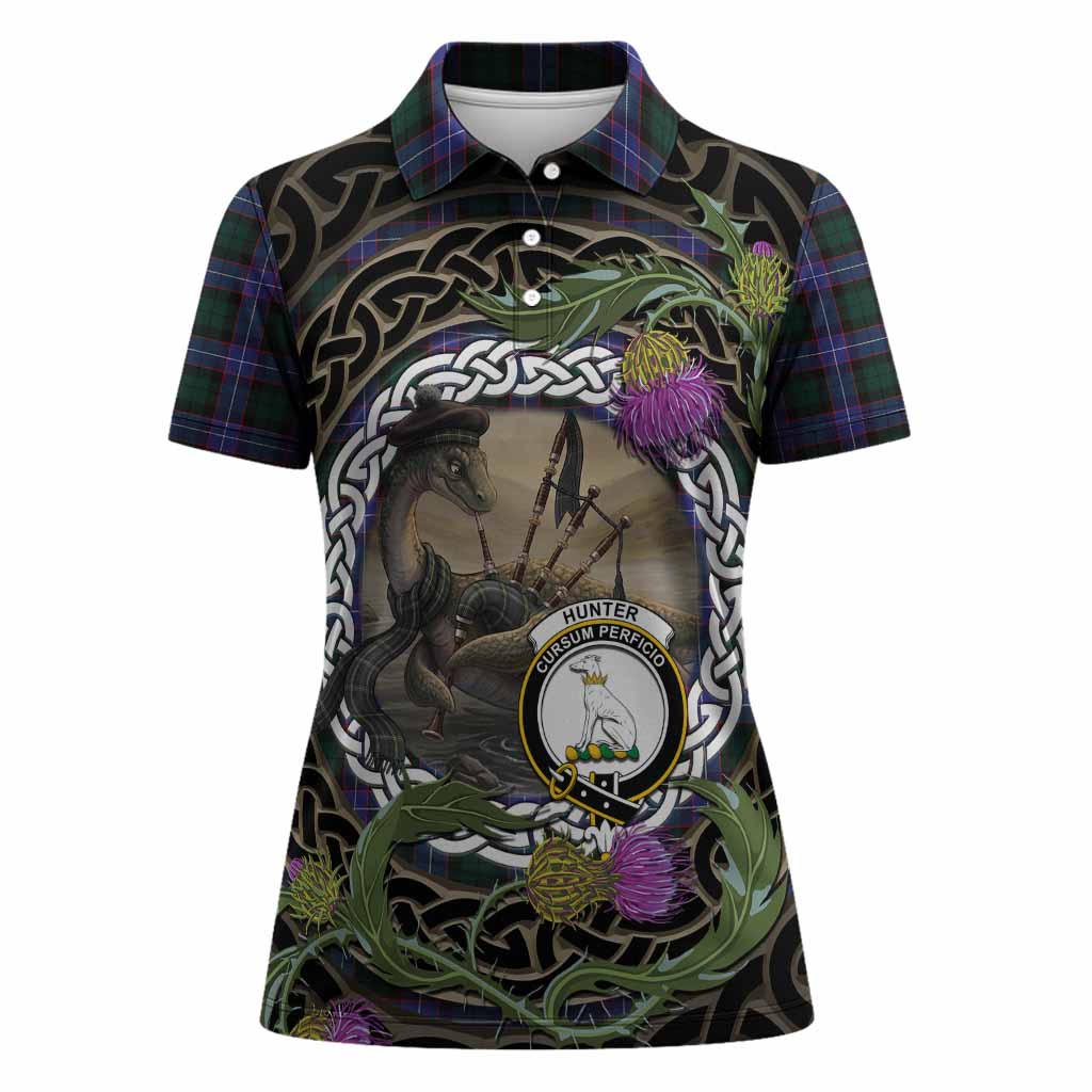 Hunter (Hunterston) Tartan Crest Bagpipe Nessie Women Polo Shirt Scottish Loch Ness Monster Celtic Thistle