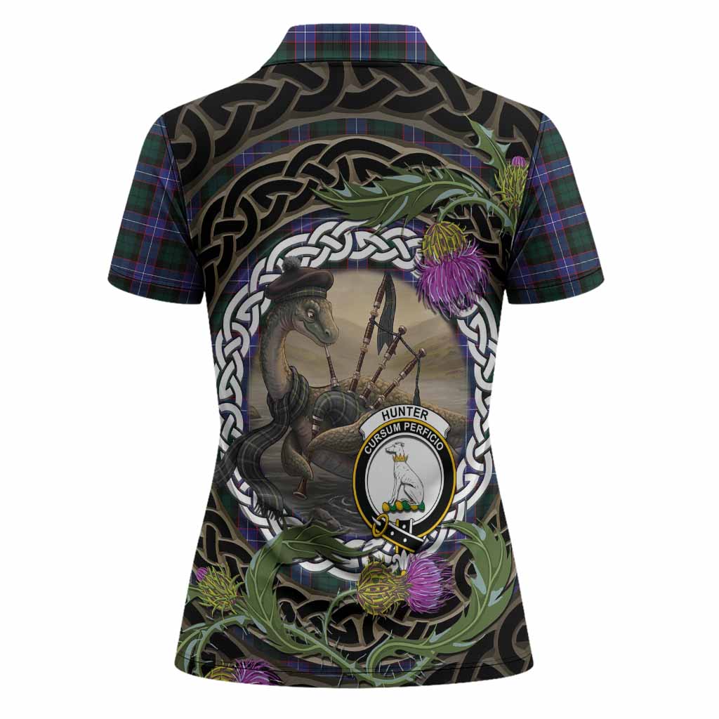 Hunter (Hunterston) Tartan Crest Bagpipe Nessie Women Polo Shirt Scottish Loch Ness Monster Celtic Thistle