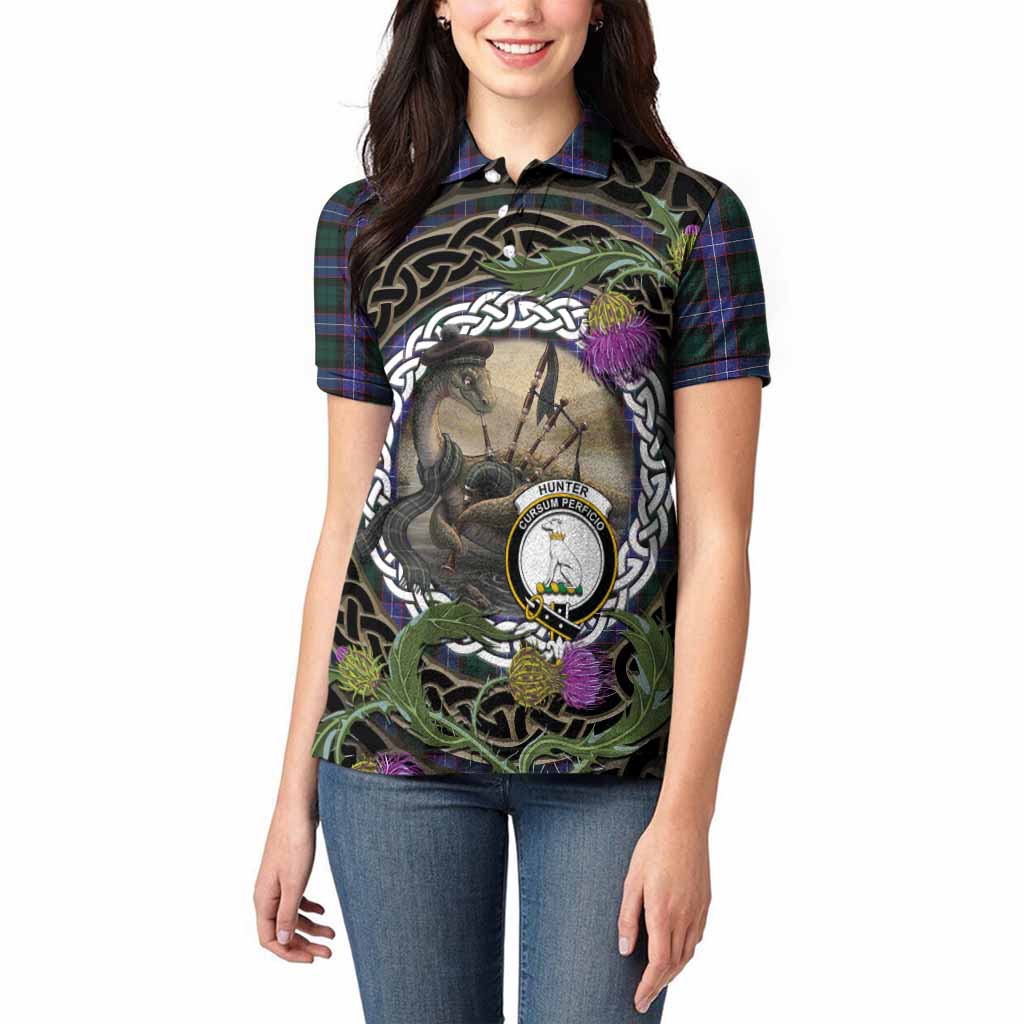 Hunter (Hunterston) Tartan Crest Bagpipe Nessie Women Polo Shirt Scottish Loch Ness Monster Celtic Thistle