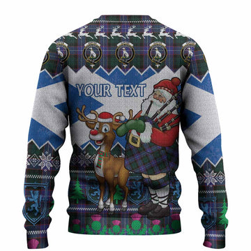 Hunter (Hunterston) Tartan Crest Christmas Christmas Ugly Sweater Scotland Santa With Bagpipes Cute Reindeer
