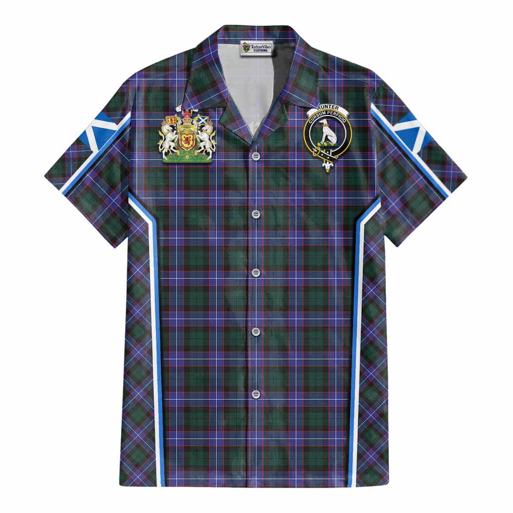Hunter (Hunterston) Tartan Crest Cotton Hawaiian Shirt Scotland Coat of Arm Flag Style - Tartan Vibes Clothing