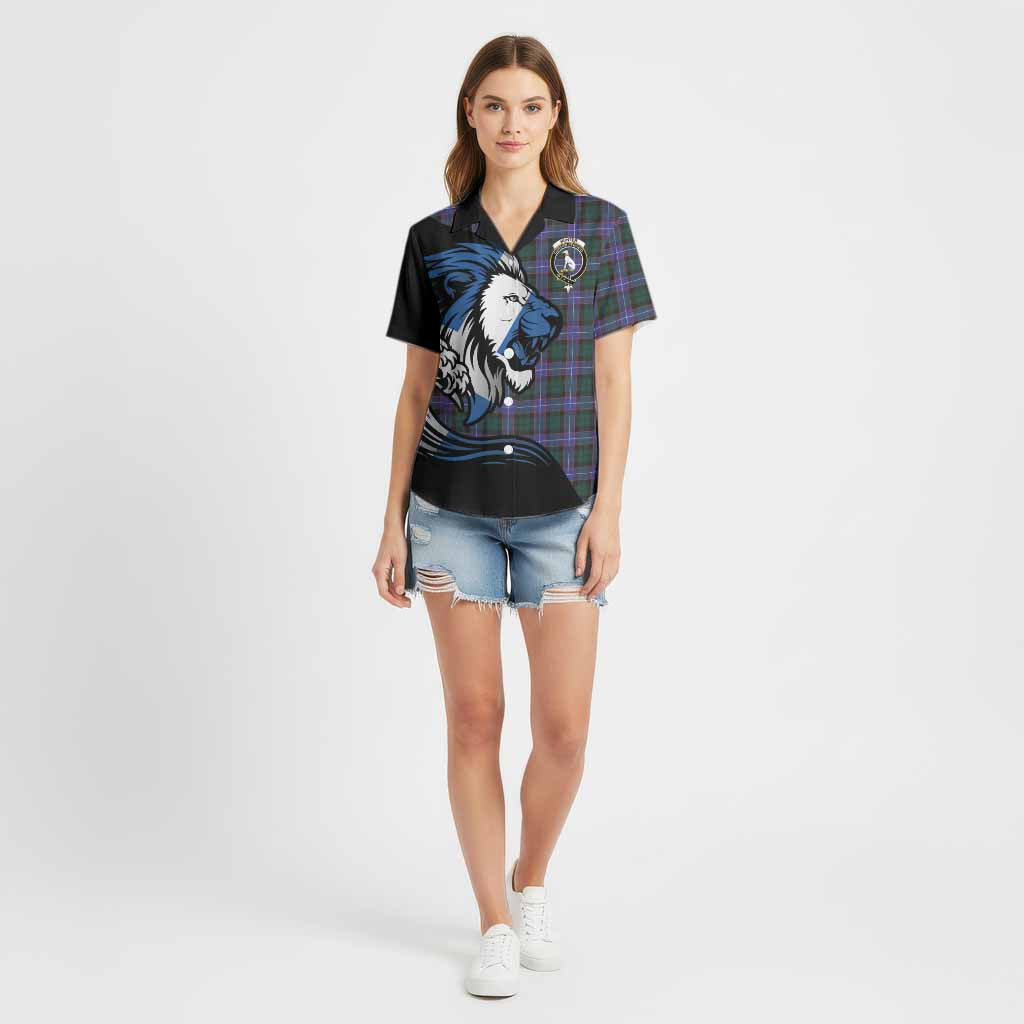 Hunter (Hunterston) Tartan Crest Cotton Hawaiian Shirt Scottish Golden Lions Wave Flow