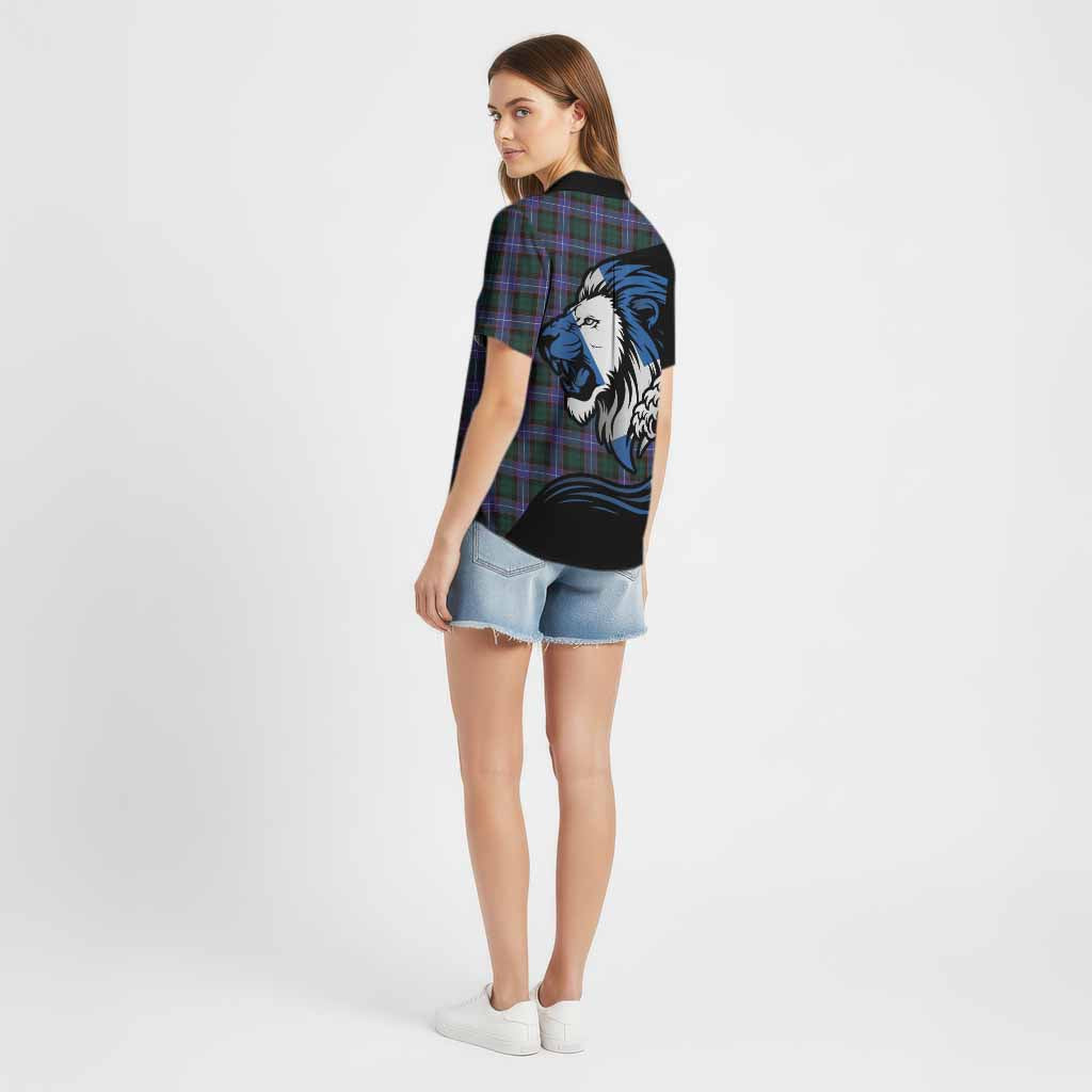 Hunter (Hunterston) Tartan Crest Cotton Hawaiian Shirt Scottish Golden Lions Wave Flow
