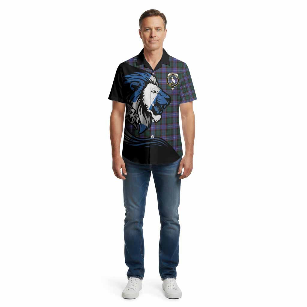 Hunter (Hunterston) Tartan Crest Cotton Hawaiian Shirt Scottish Golden Lions Wave Flow