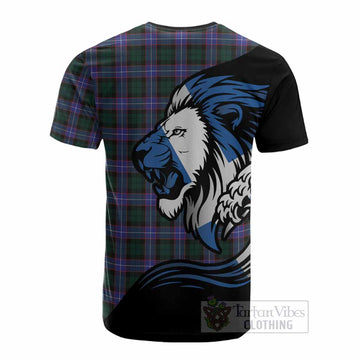 Hunter (Hunterston) Tartan Crest Cotton T-shirt Scottish Golden Lions Wave Flow