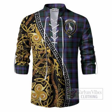 Hunter (Hunterston) Tartan Crest Ghillie Shirt Celtic Knot and Triple Trickle Spiral Symbols
