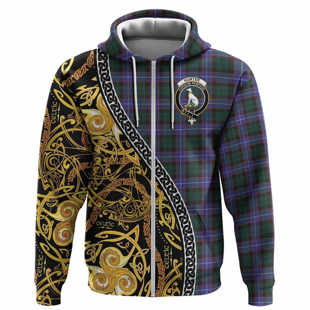 Hunter (Hunterston) Tartan Crest Hoodie Celtic Knot and Triple Trickle Spiral Symbols