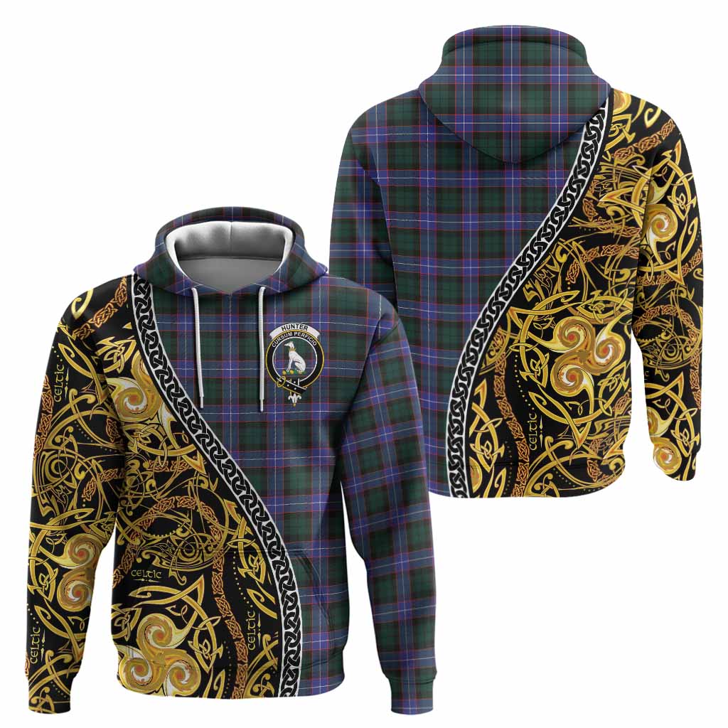 Hunter (Hunterston) Tartan Crest Hoodie Celtic Knot and Triple Trickle Spiral Symbols
