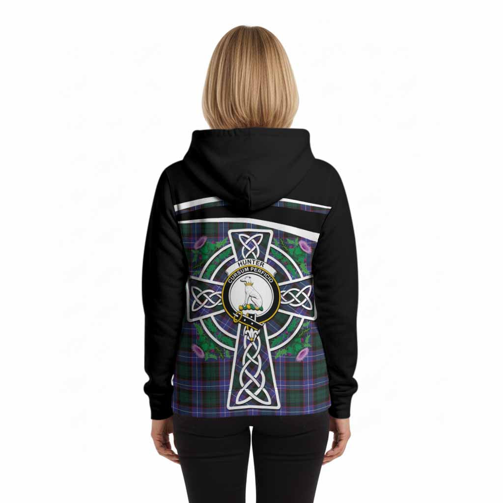 Hunter (Hunterston) Tartan Crest Hoodie Scottish Thistle Celtic Cross Alba Gu Brath