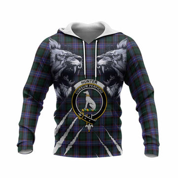Hunter (Hunterston) Tartan Crest Knitted Hoodie Ferocious Lion Style