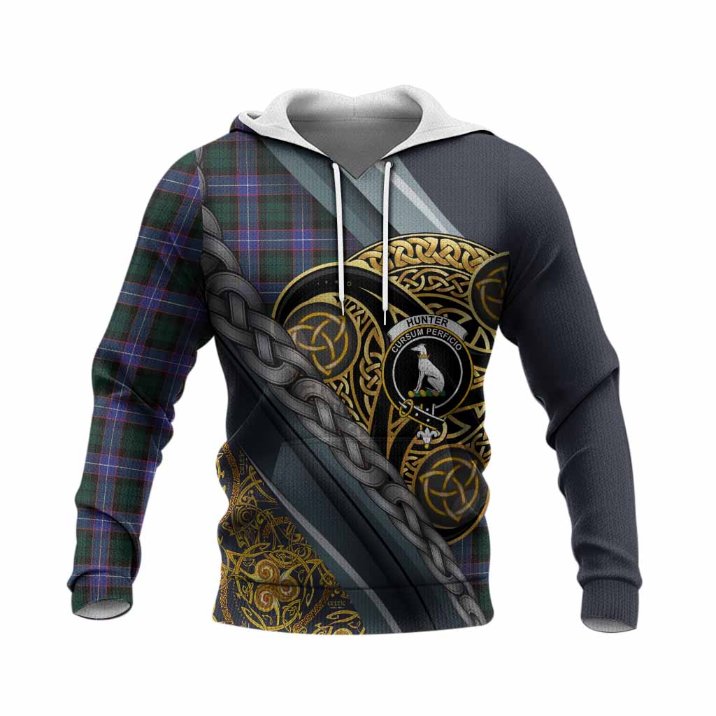 Hunter (Hunterston) Tartan Crest Knitted Hoodie Scottish Triskele Celtic