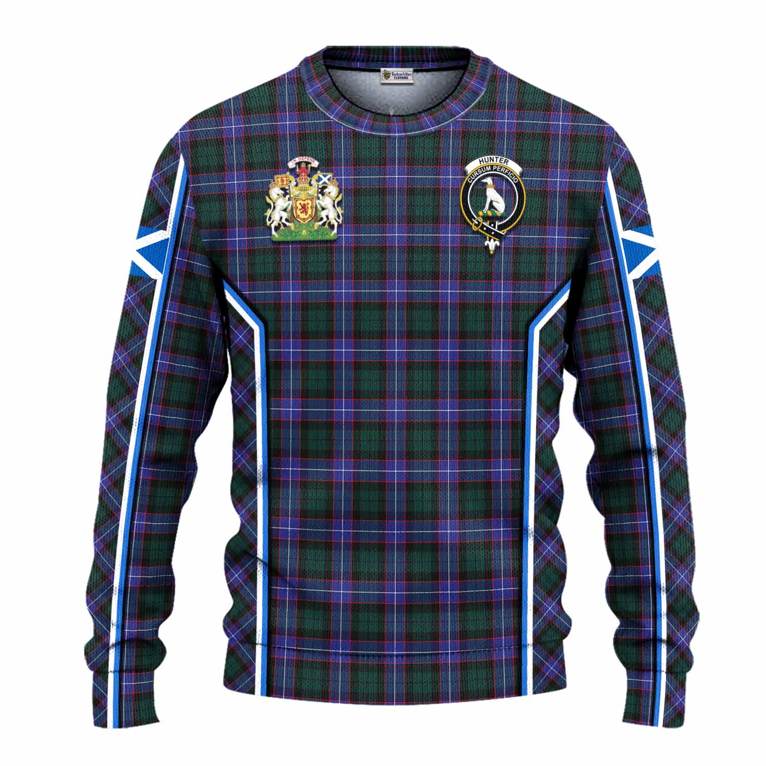 Hunter (Hunterston) Tartan Crest Knitted Sweater Scotland Coat of Arm Flag Style - Tartan Vibes Clothing